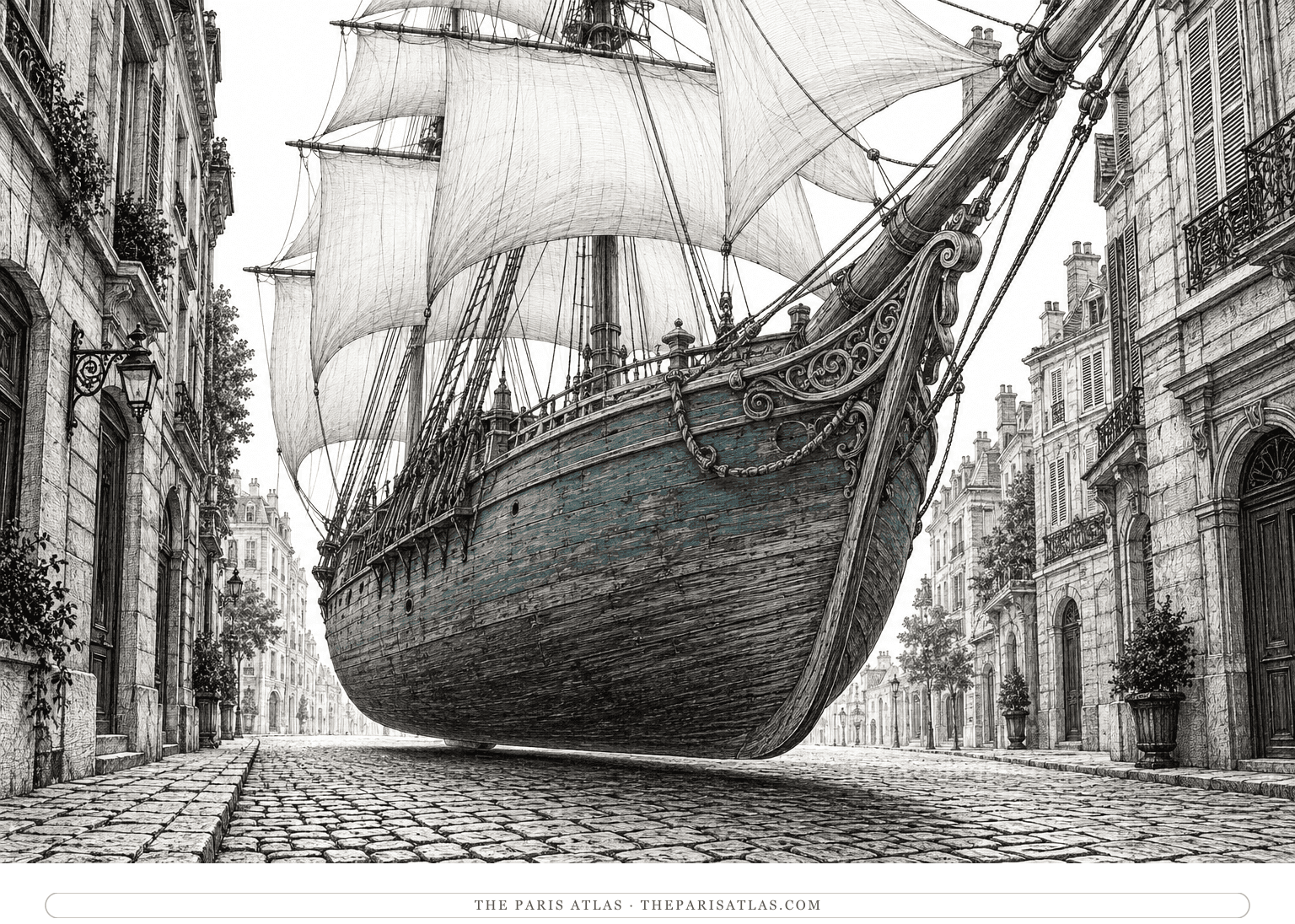 A full-sized sailing ship with a blue-green painted hull glides improbably along a narrow city street between tall buildings.