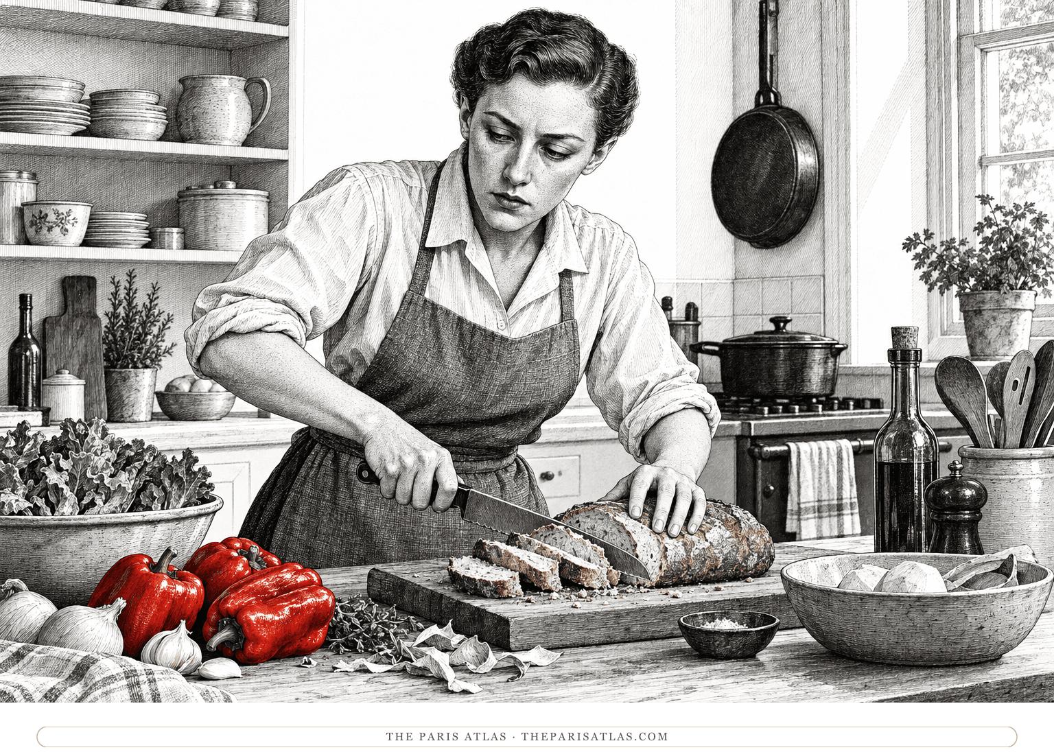 Lillian slices a loaf with concentrated energy at a crowded kitchen counter, surrounded by pans, vegetables and red peppers.