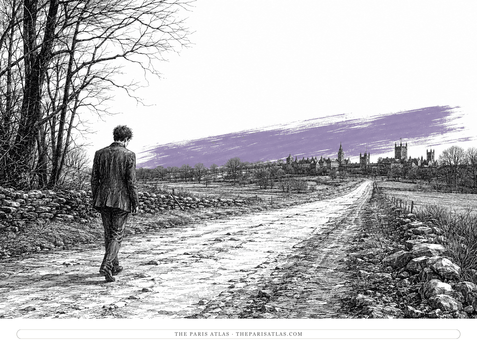 A lone young man walks along a country road toward distant college buildings beneath a shallow lavender brushstroke.