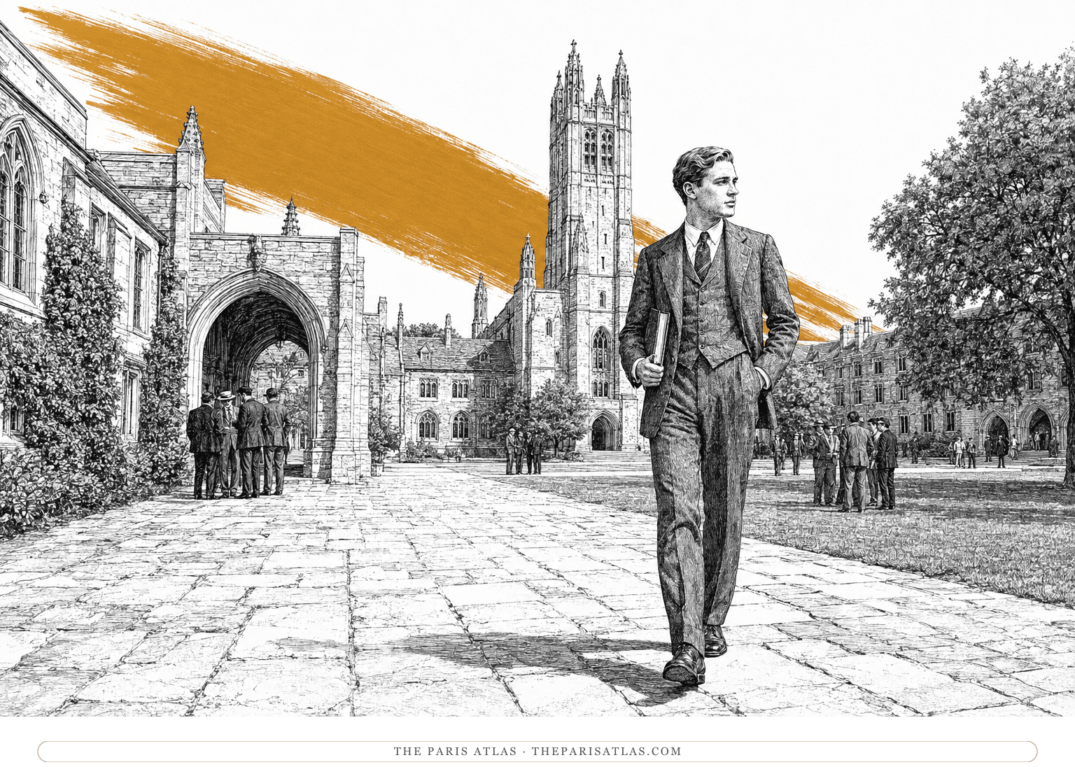 A young man carries a book across a stone college quadrangle as students gather behind him, beneath a descending saffron brushstroke.