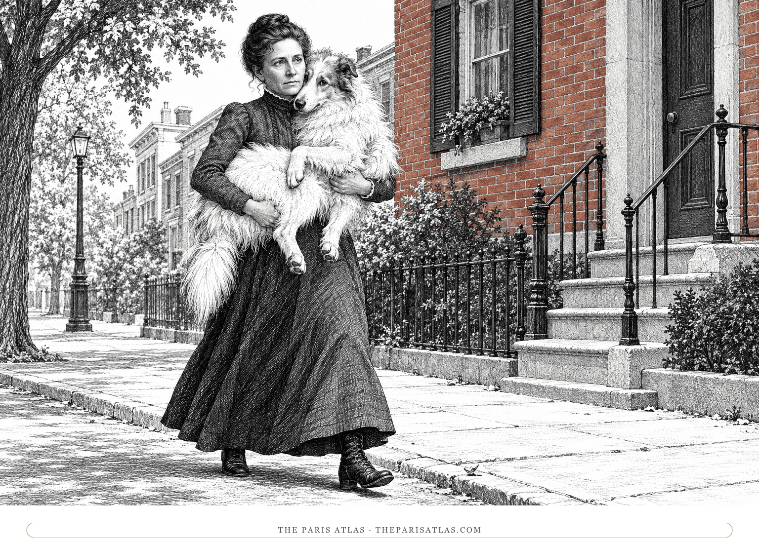 Anna carries the large white dog Peter in both arms along a quiet brick-lined street.