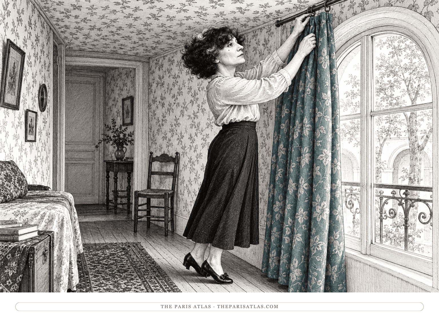 Mature Colette stands on tiptoe to hang a teal curtain beneath the low, flower-patterned ceiling of her Palais-Royal entresol.