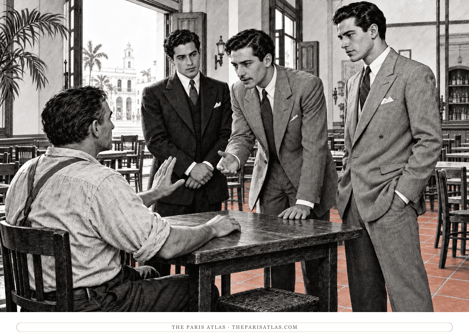 A working boat captain sits at a cafe table facing three well-dressed young men, declining their request with a restrained gesture.