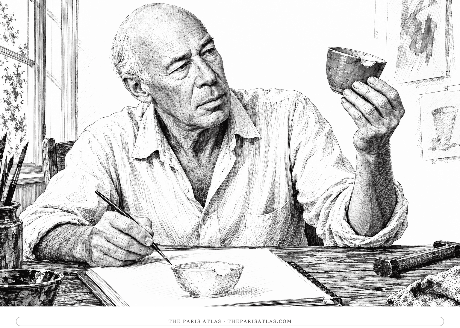 An older Henry Miller examines a chipped cup beside a watercolor pad, finding a subject in an everyday object.