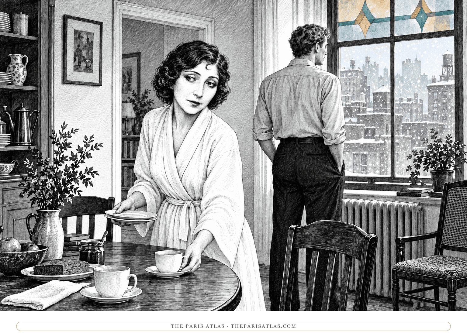 Anaïs Nin prepares breakfast in a white robe while Rupert Pole looks at a painted window, with snow outside.
