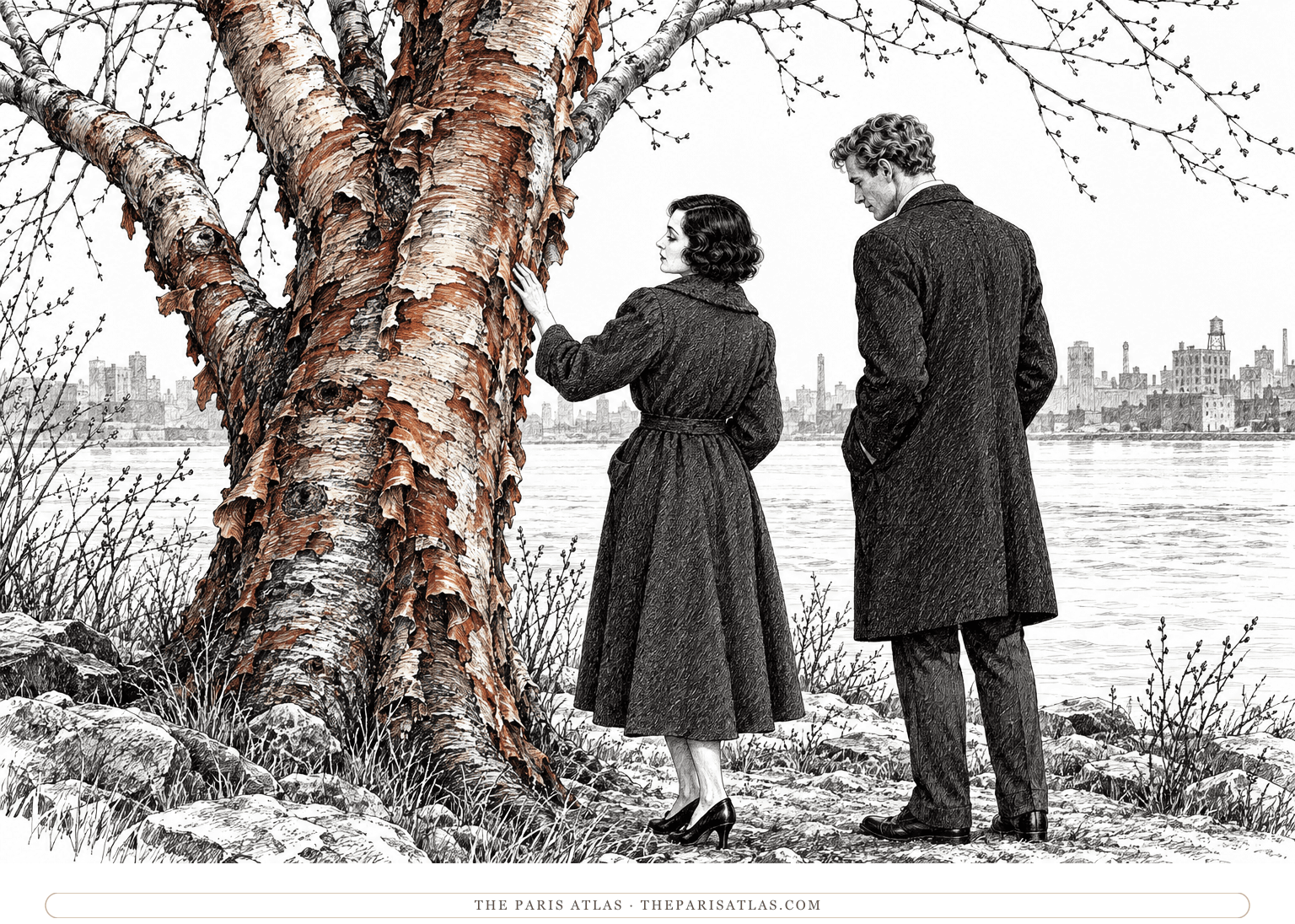 Anaïs Nin and Rupert Pole contemplate a birch beside the East River, its chestnut-coloured bark prominent in the foreground.