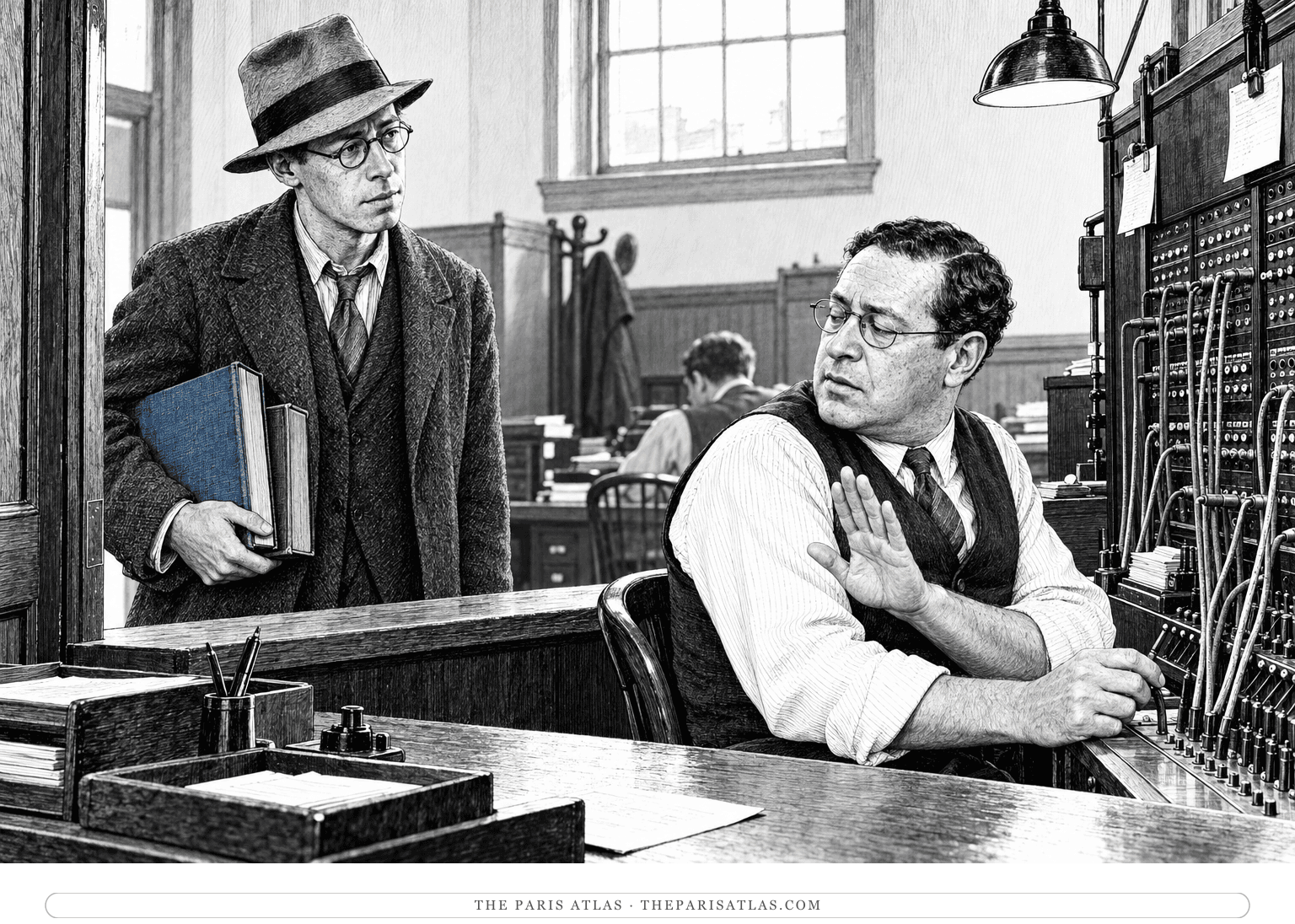 Young adult Henry Miller stands with library books under one arm while a seated switchboard operator refuses his request for messenger work.