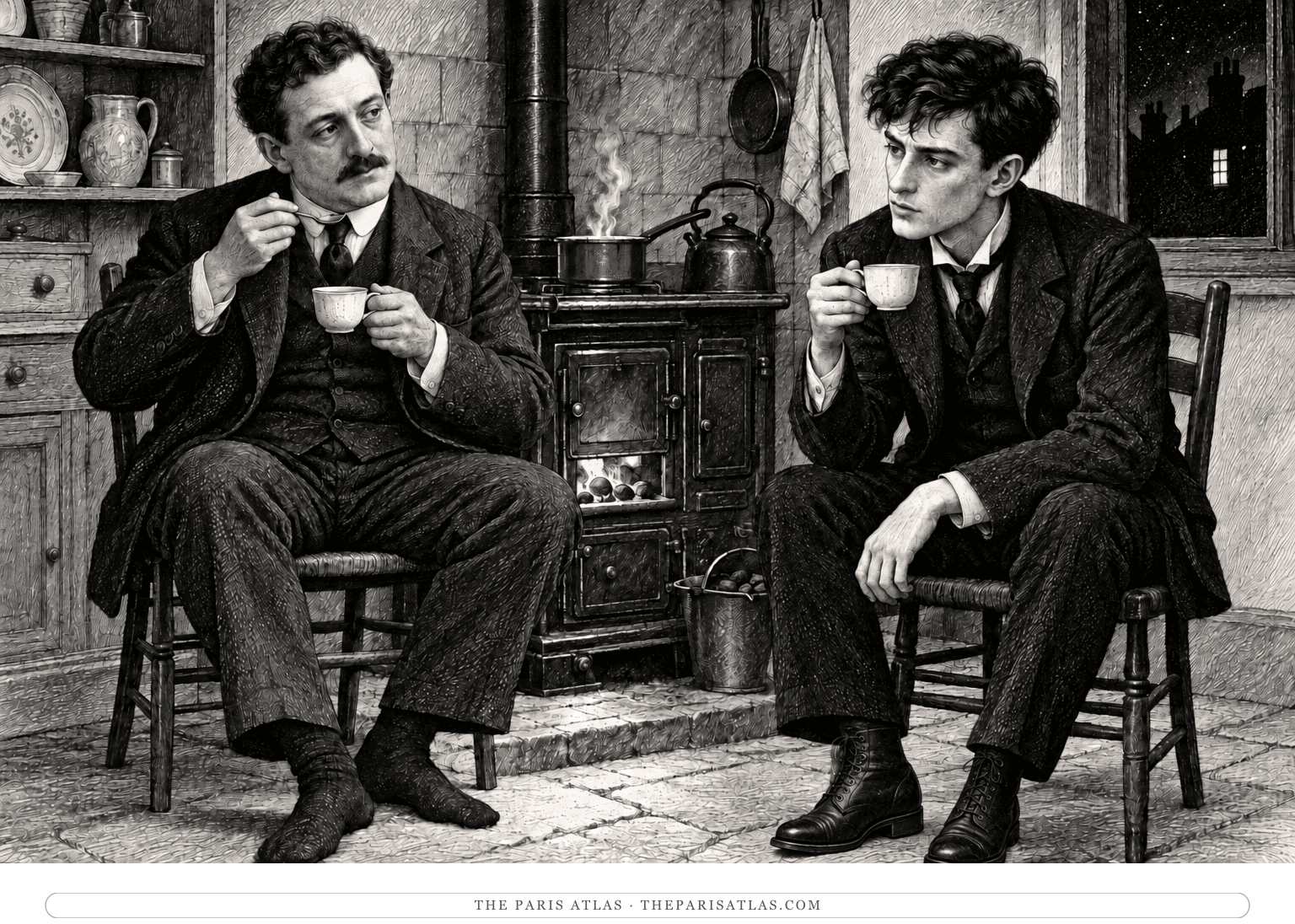 Bloom and Stephen Dedalus sit on wooden chairs beside the kitchen hearth, sharing cocoa from matching teacups.