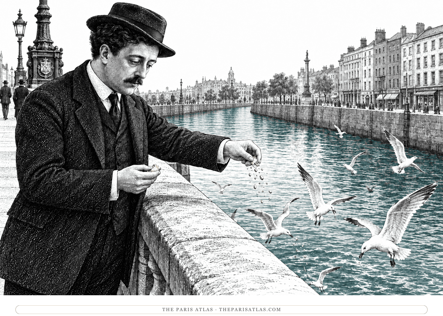 Leopold Bloom scatters pastry fragments from a stone bridge parapet toward gulls wheeling above the Liffey.