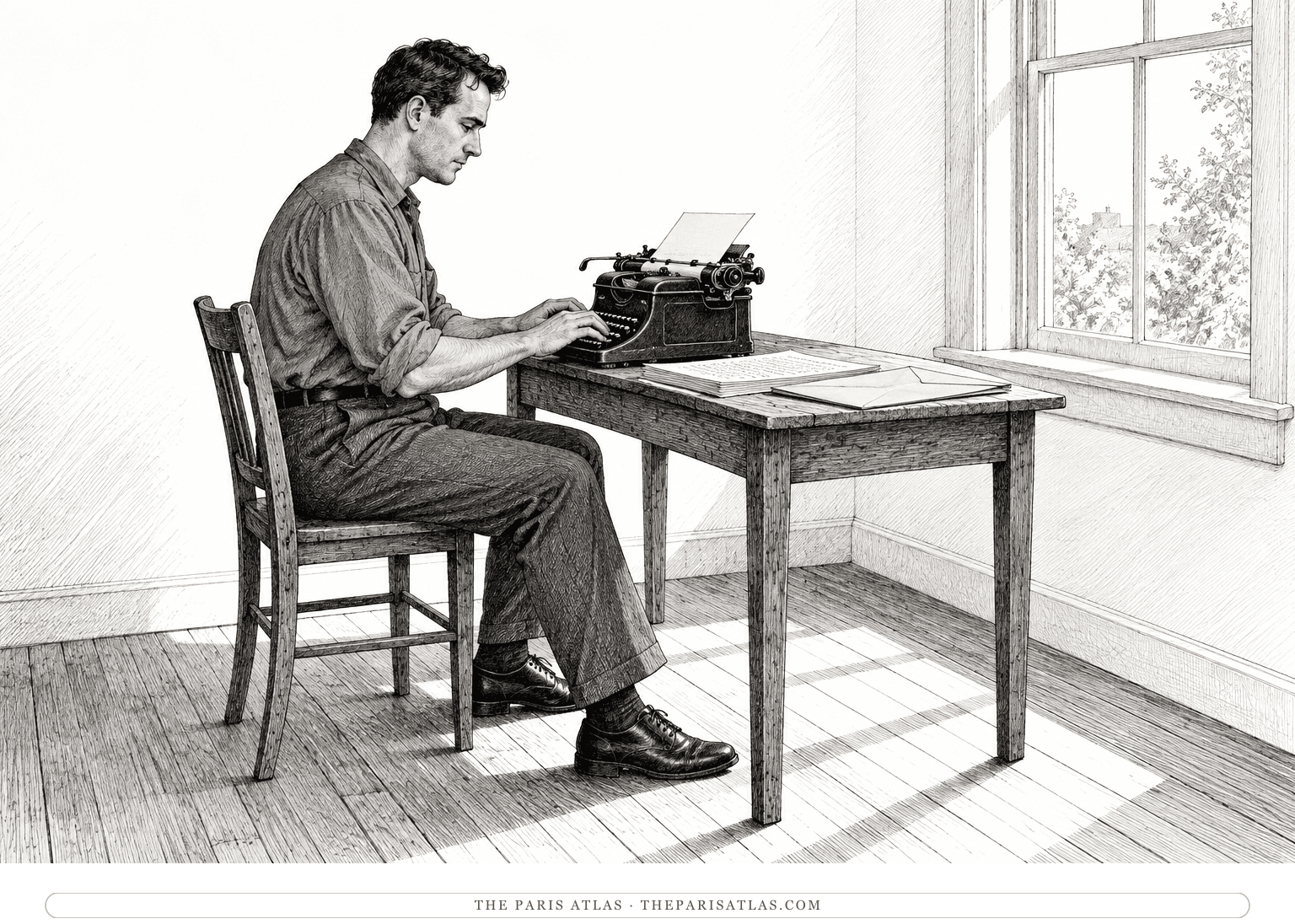 An imagined anonymous typist works at a manual typewriter in a plain room, with loose manuscript sheets and an envelope on the table.