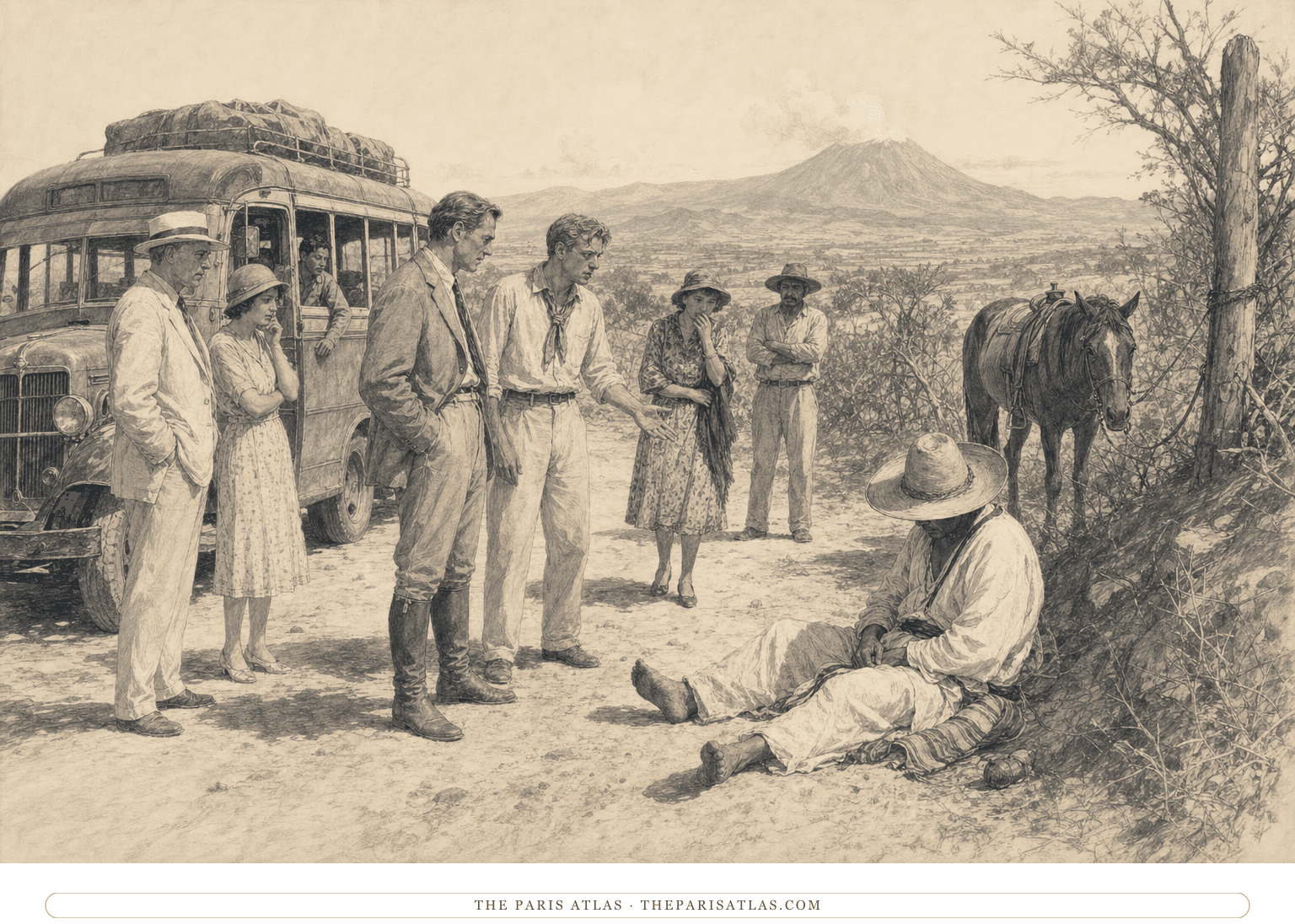 Pen-and-graphite illustration of bus passengers hesitating beside an injured Indigenous traveler on a dusty Mexican road in 1938, with a horse tied nearby