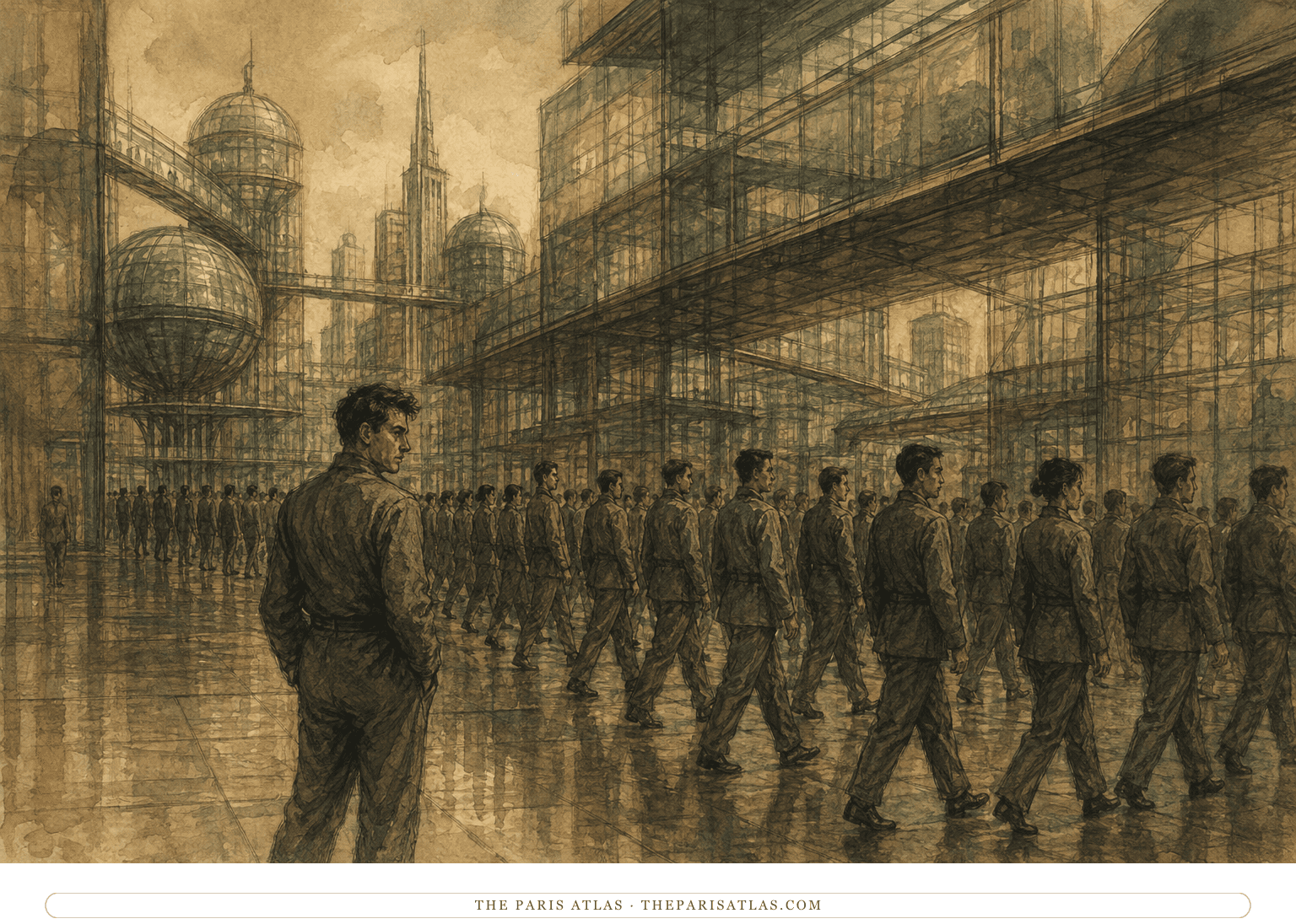 Uniformed adult citizens walk in synchronized rows through the transparent geometric streets of the One State
