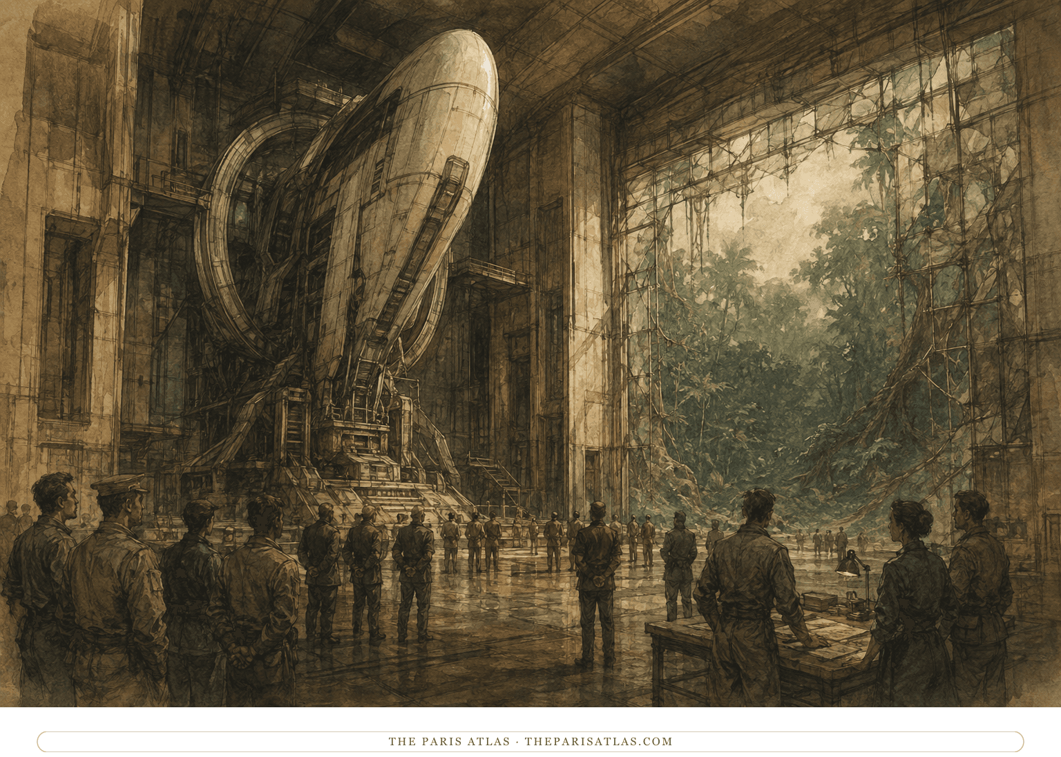 Adult engineers and officials stand beneath the Integral spacecraft as wilderness appears beyond a breached glass wall