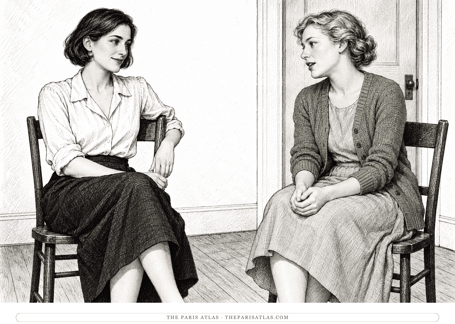 Charis smiles slightly as she talks with Judith, who wears a sage-green cardigan, in a simply furnished room.