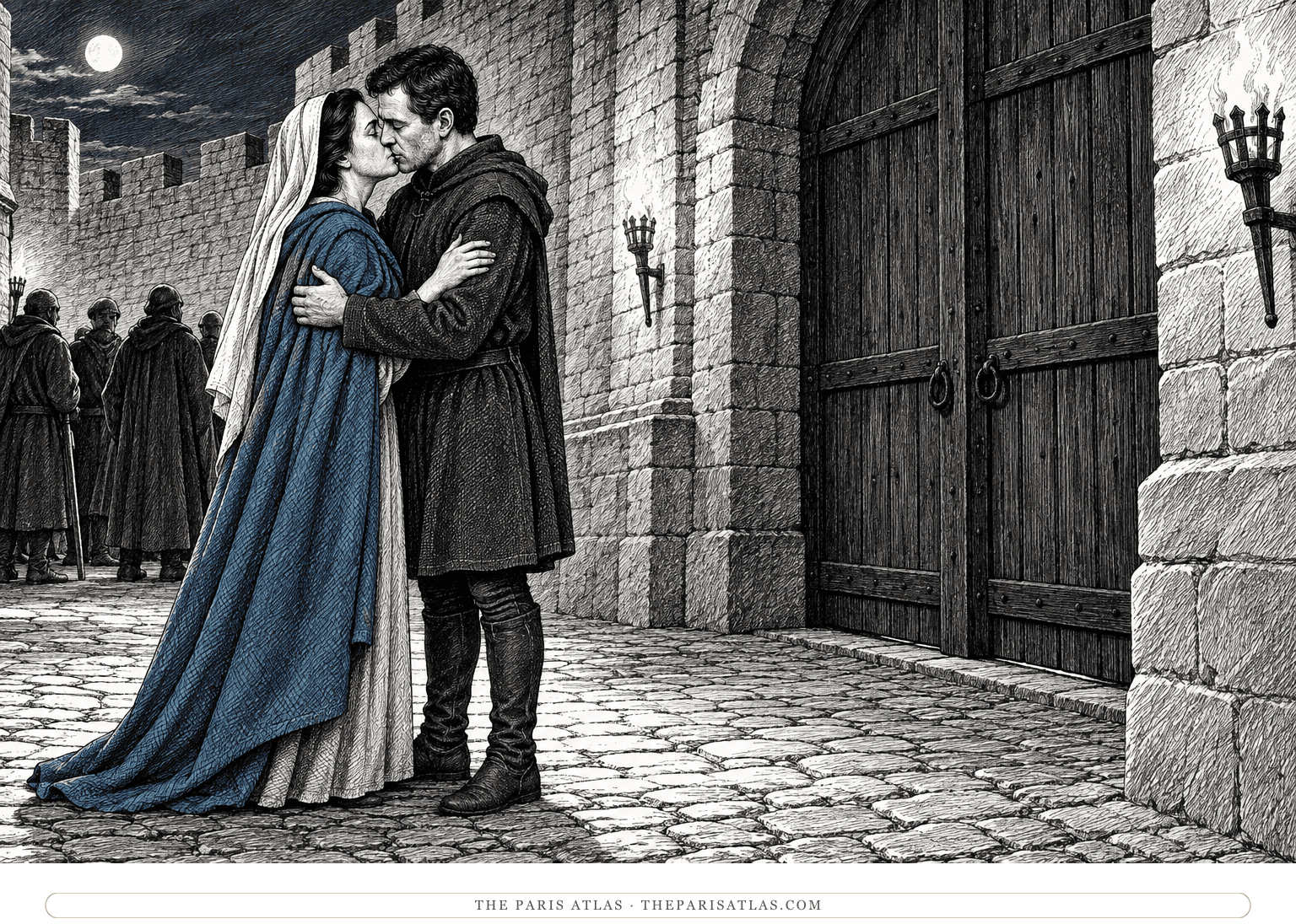 Louis and Catherine share a brief kiss inside the town walls at night, with the closed gate and waiting adult figures behind them; Catherine wears a muted-blue mantle.