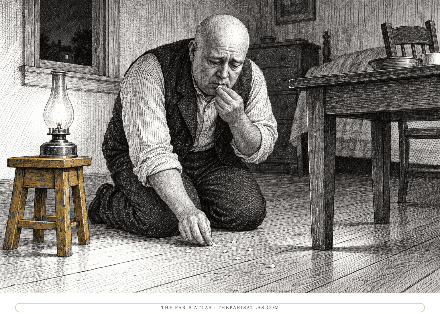 Wing Biddlebaum kneels beside a table, picking crumbs from the floor beside a lamp on a low ochre-painted stool.
