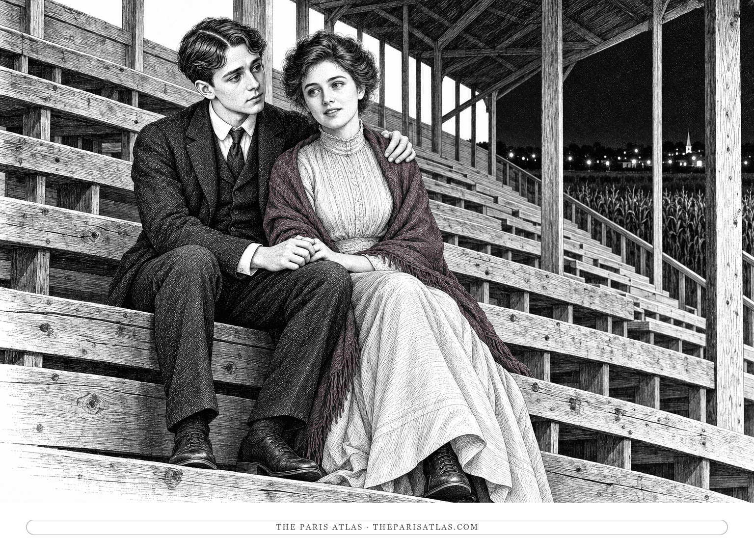 George Willard and Helen White sit close on a wooden grandstand bench, holding hands beneath the roof; Helen wears a plum-colored shawl.