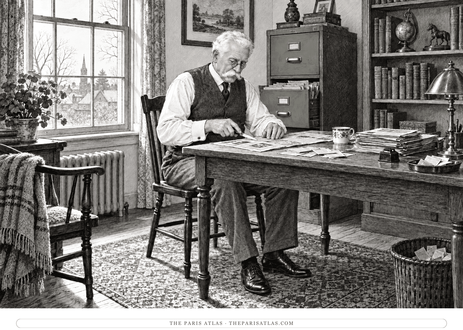 An older man with a bushy white moustache and pince-nez cuts a newspaper clipping at a table beside a filing cabinet.