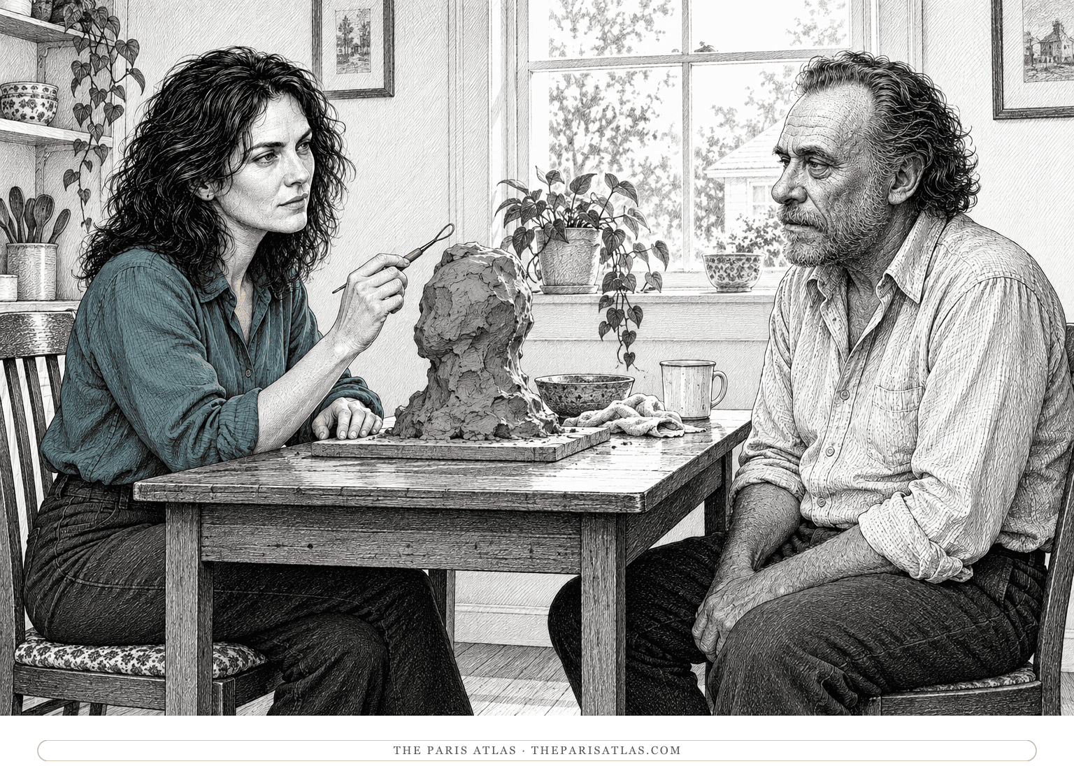 Lydia holds a wooden wire-loop modeling tool above a mound of clay while Chinaski sits facing her across a breakfast-nook table.