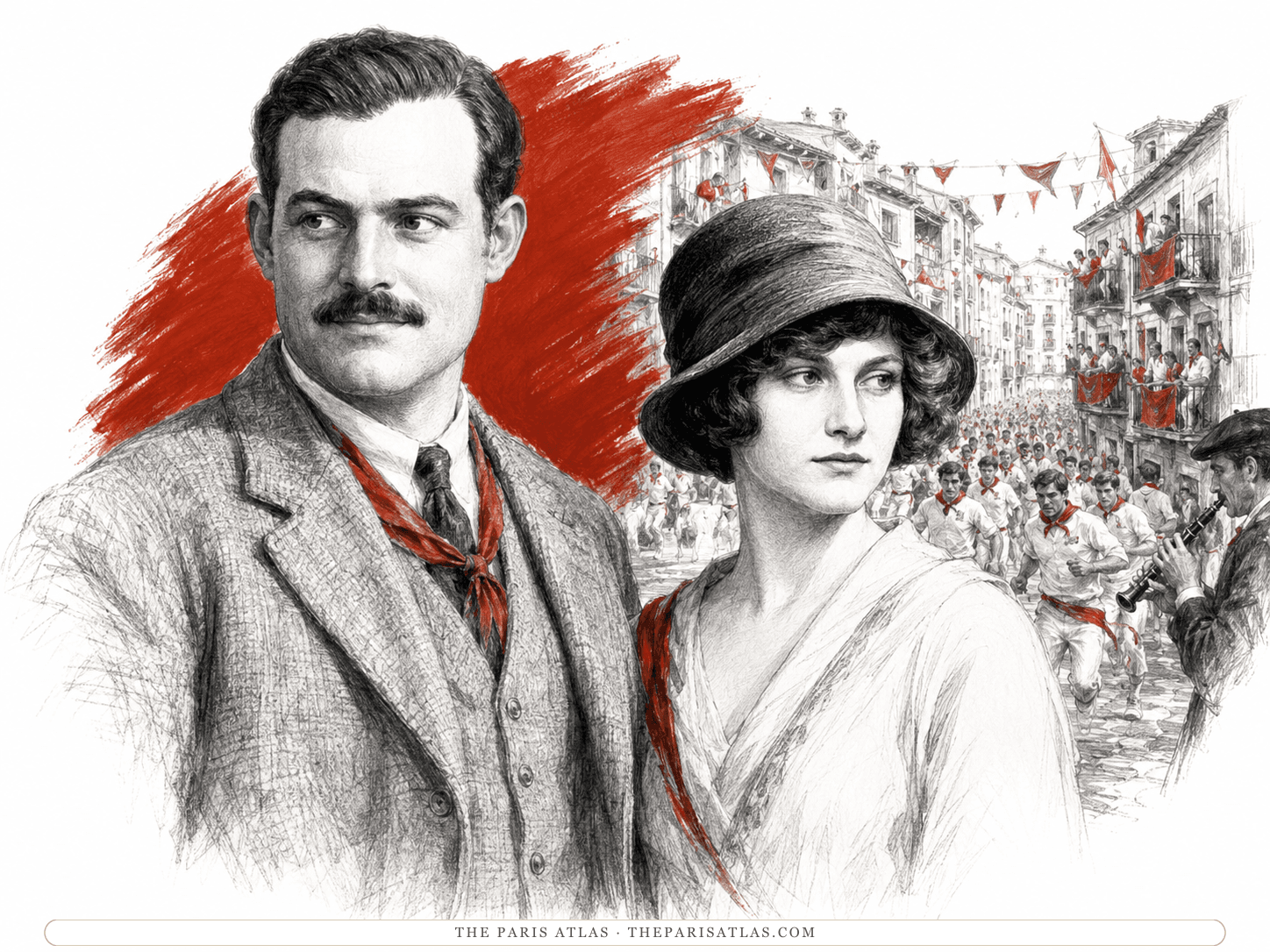 Ernest Hemingway and Hadley Richardson before the running of the bulls at Pamplona, illustrated