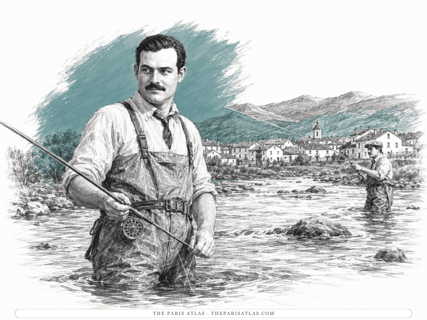Ernest Hemingway fly-fishing a river below a Spanish mountain village, illustrated