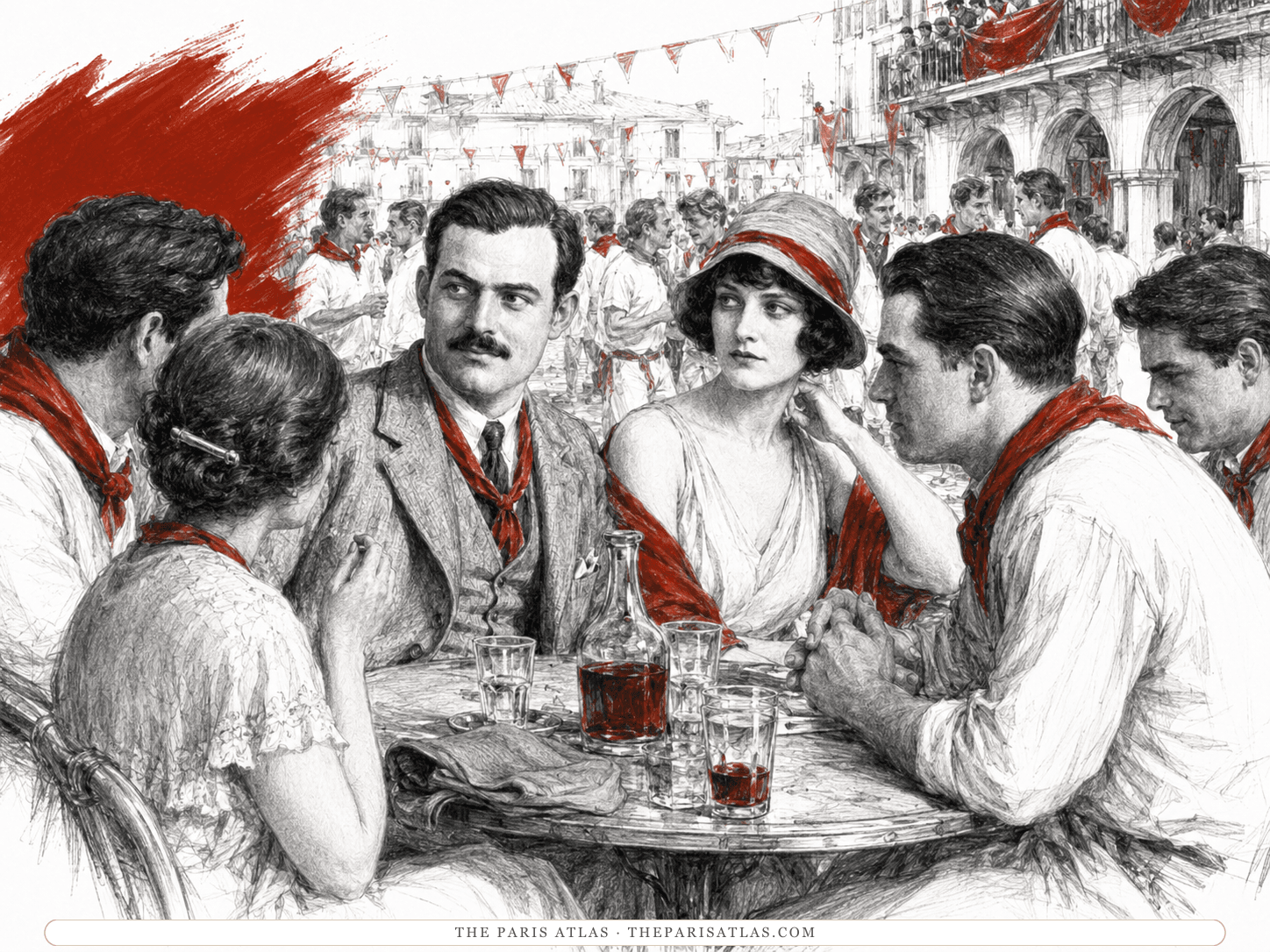 A café table crowded with drinkers in red neckerchiefs during the fiesta at Pamplona, illustrated