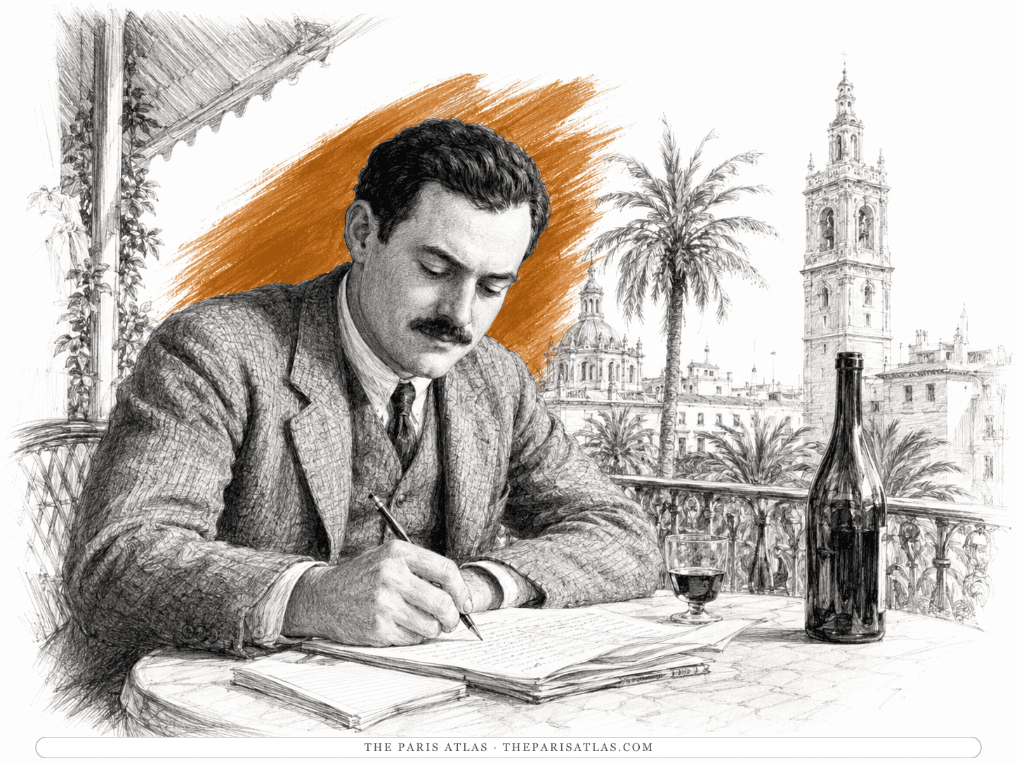 Ernest Hemingway writing at a balcony table above a Spanish city, a wine bottle beside him, illustrated