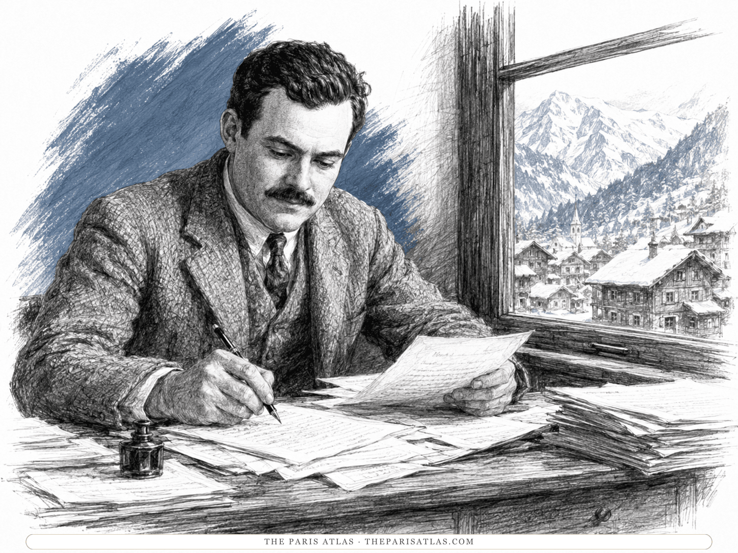 Ernest Hemingway revising a manuscript at a window above a snowbound Alpine village, illustrated