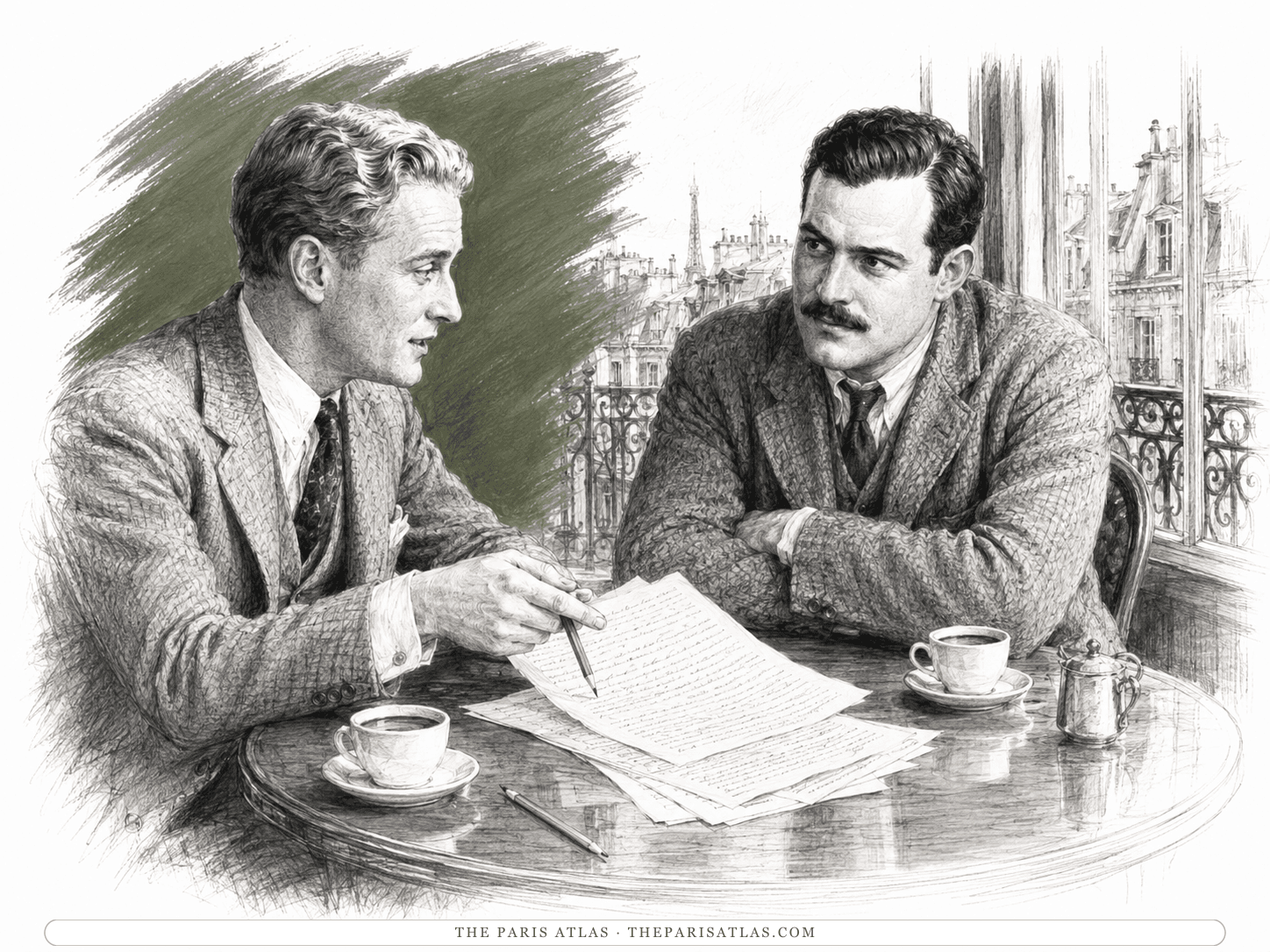 F. Scott Fitzgerald and Ernest Hemingway at a Paris café table over a manuscript, illustrated