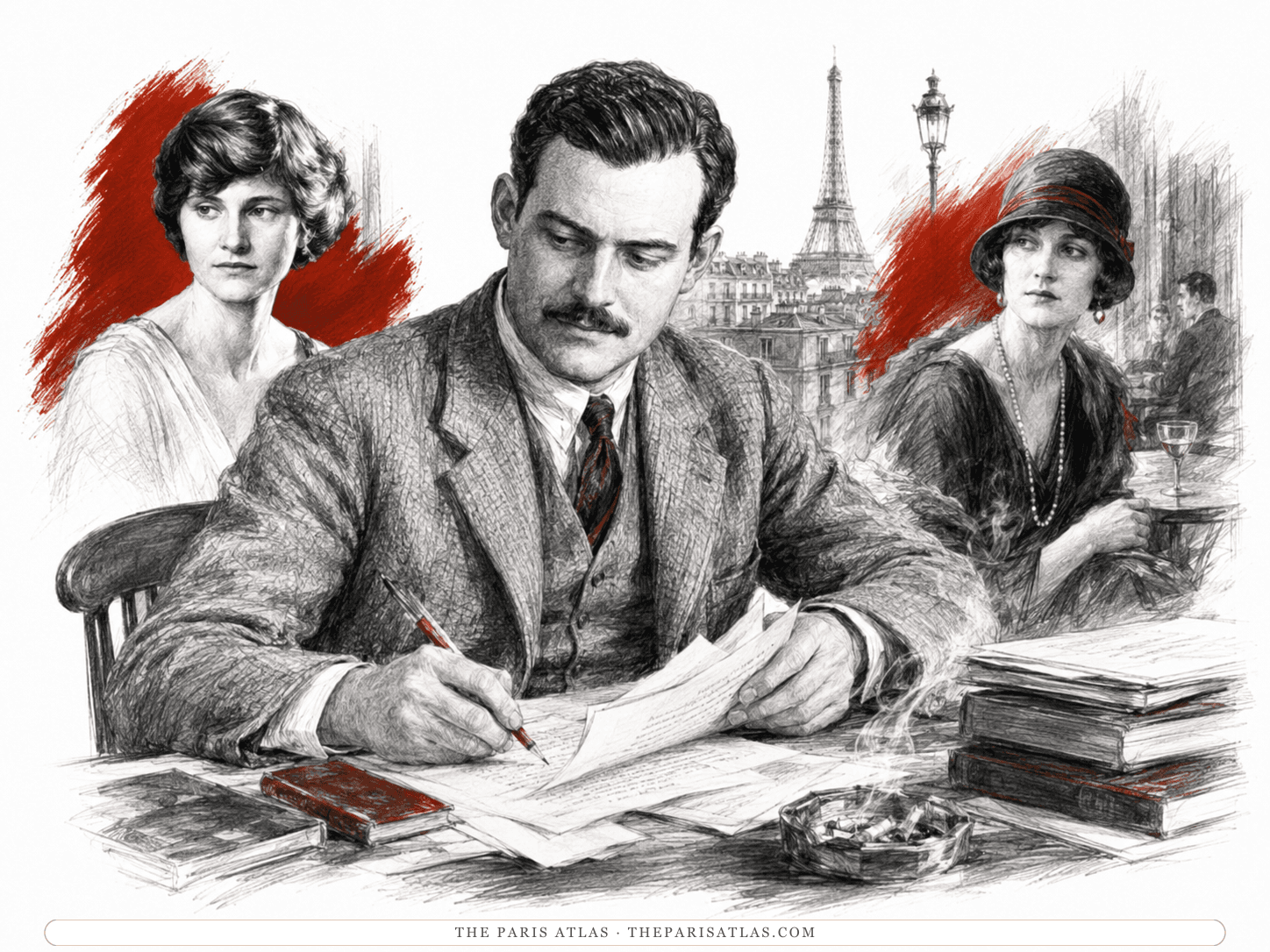Ernest Hemingway correcting proofs in Paris, two women behind him, illustrated