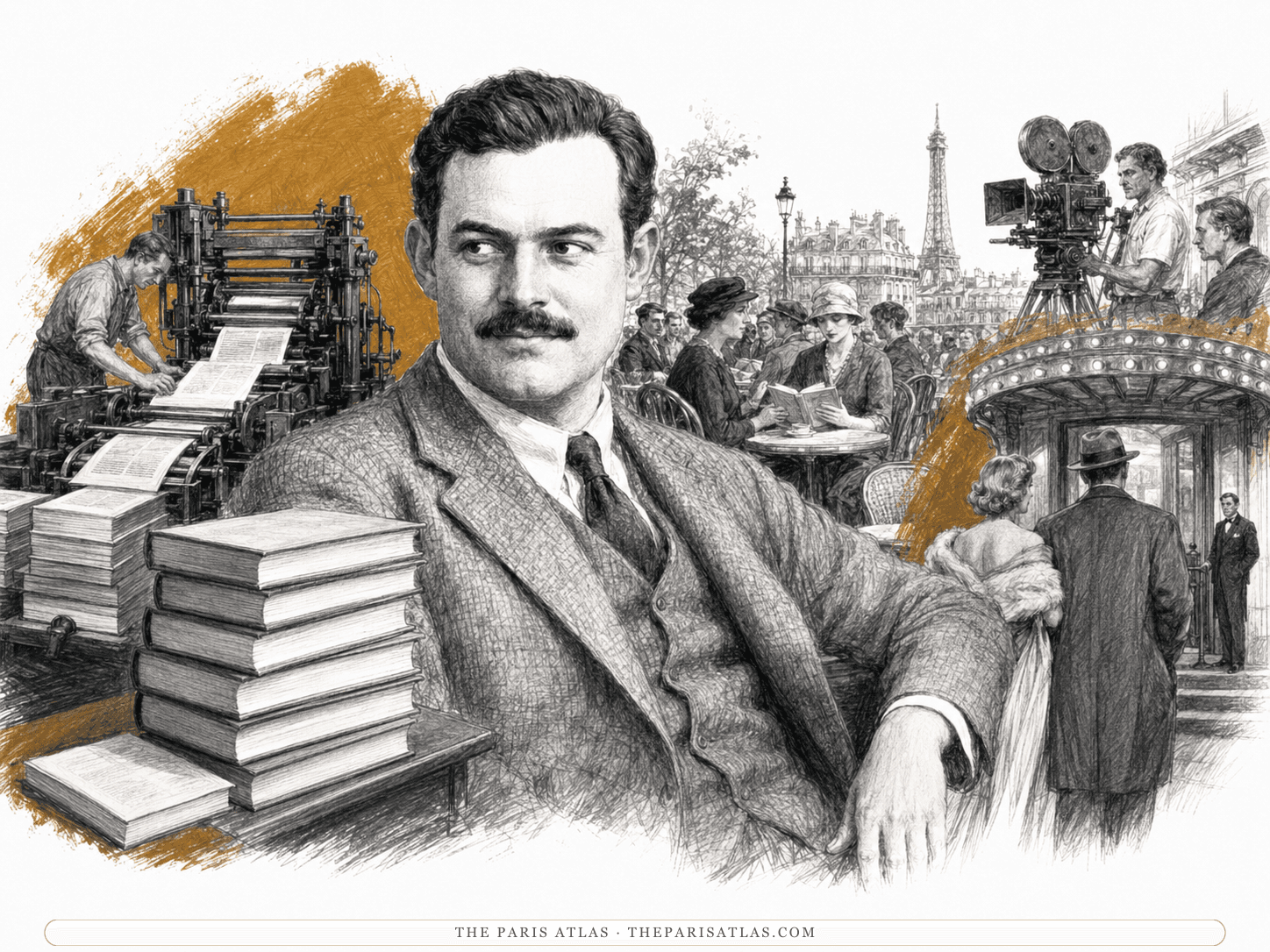 A press printing sheets, stacked copies of a novel, café readers and a film camera, illustrated