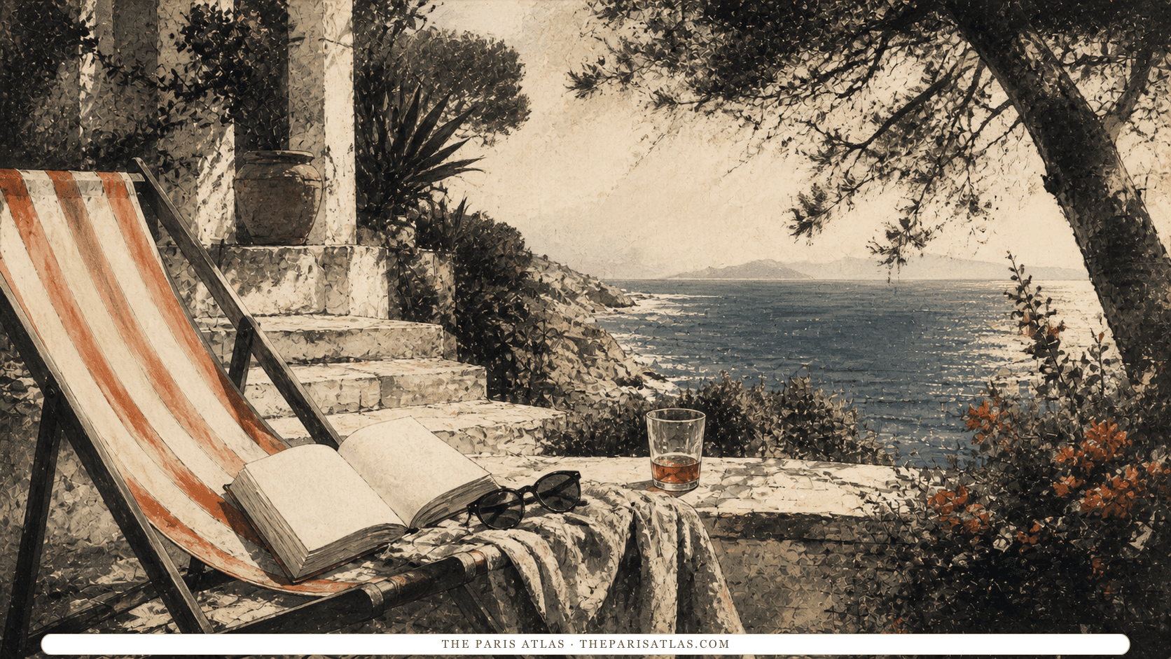 Charcoal illustration of an empty deck chair, open book, and drink on a sunlit Riviera terrace