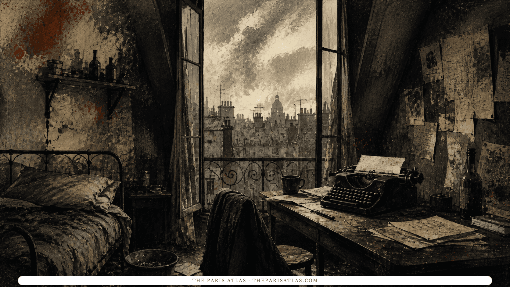 Charcoal illustration of a battered typewriter and rumpled bed in a poor Paris garret
