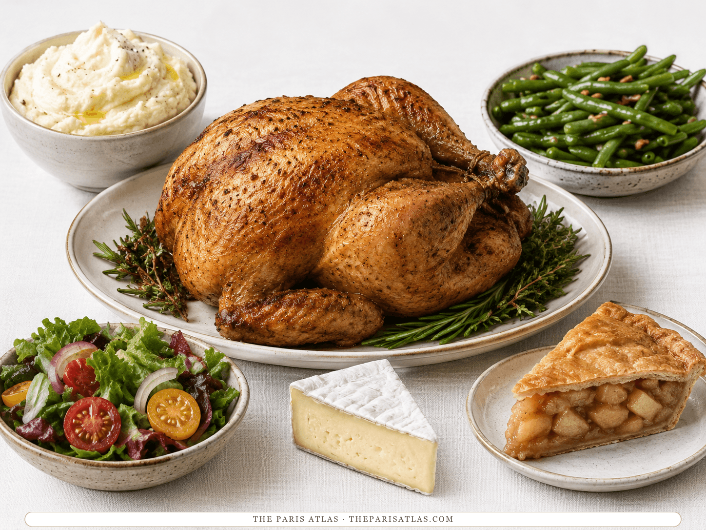 Roast chicken, green beans, mashed potatoes, a salad and apple pie with cheese, drawn on a restaurant table