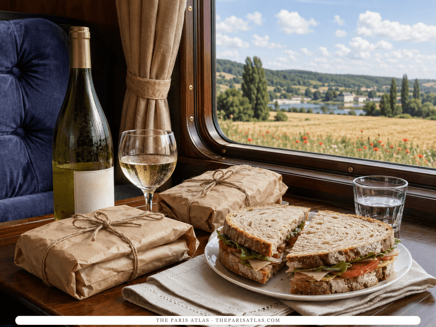 Paper-wrapped sandwiches, a bottle of Chablis and a glass on a train compartment table