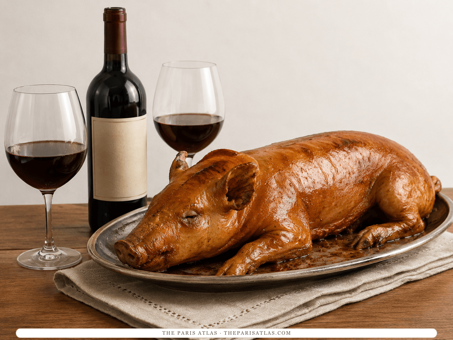 A whole roast suckling pig on a platter with a bottle and glasses of rioja