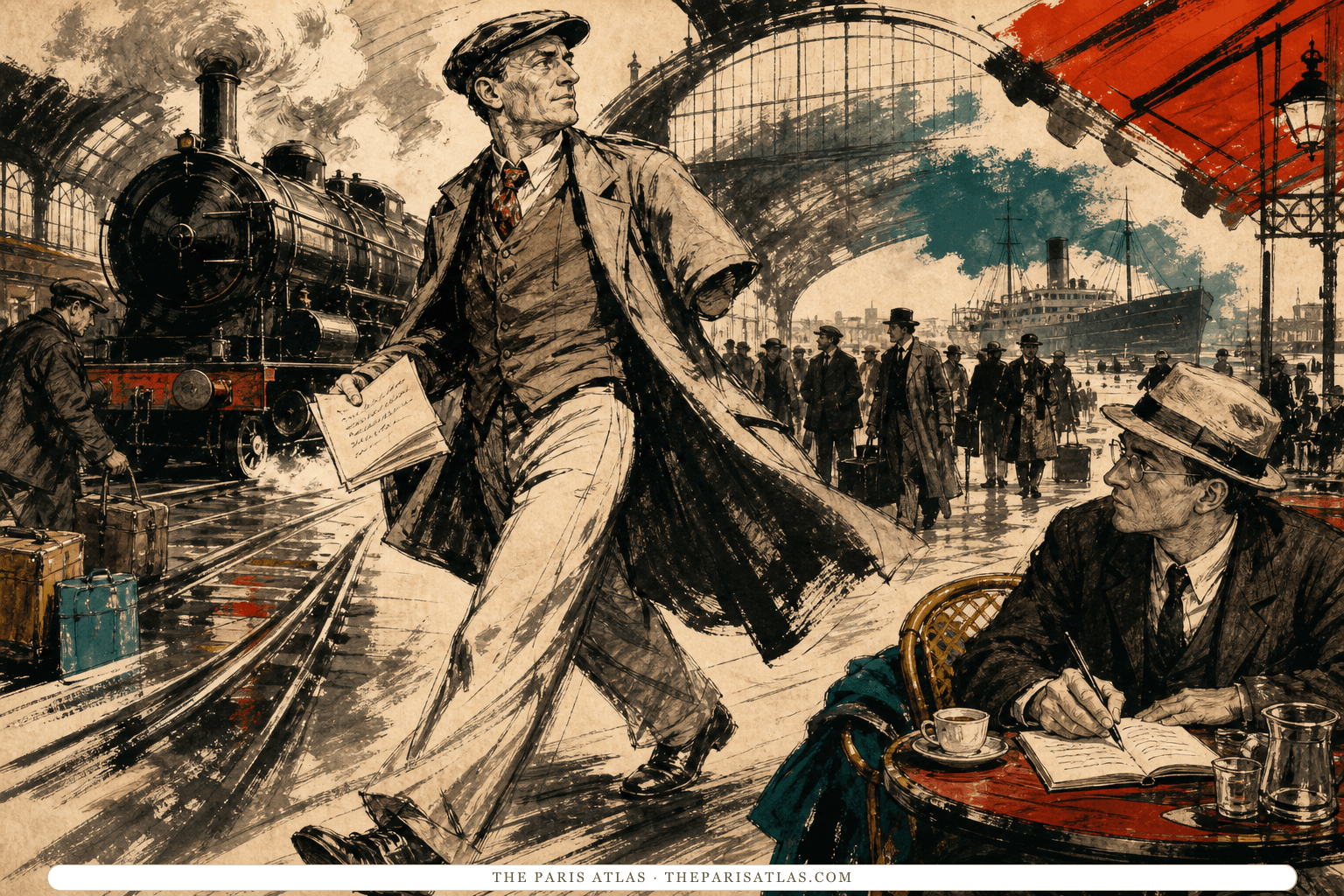 Brush and screenprint illustration of one-armed Blaise Cendrars striding through a steam railway concourse while Henry Miller writes at a café table.