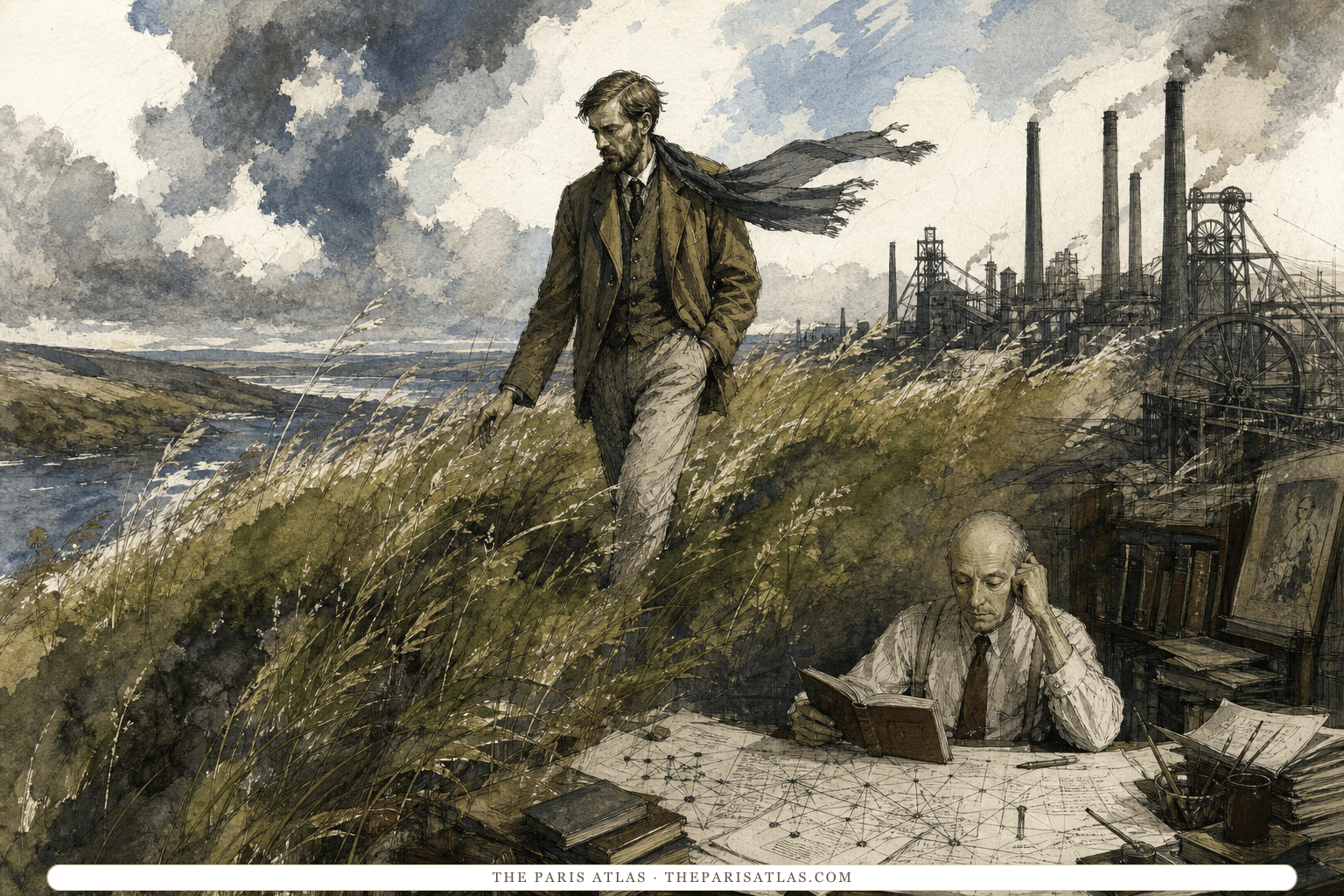Watercolor and ink illustration of D. H. Lawrence walking a windswept green hillside above factories while Henry Miller reads at a diagram-covered desk.