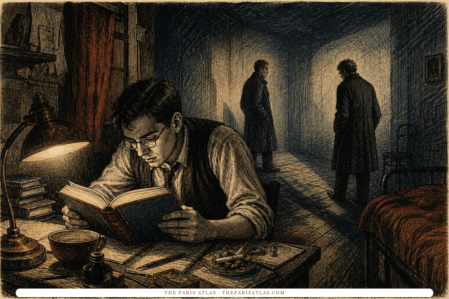 Engraved illustration of a young Henry Miller reading under a desk lamp as two tense figures from a Dostoevskian drama recede into the room.