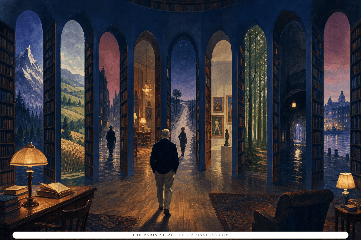 Gouache illustration of Henry Miller walking through a midnight library whose tall aisles open into mountains, fields, cities, an art gallery, forest, and river quays.
