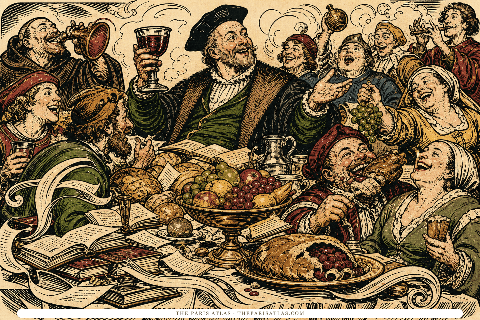 Hand-colored woodcut-style illustration of François Rabelais presiding over an unruly feast of food, books, loose pages, and laughing townspeople.