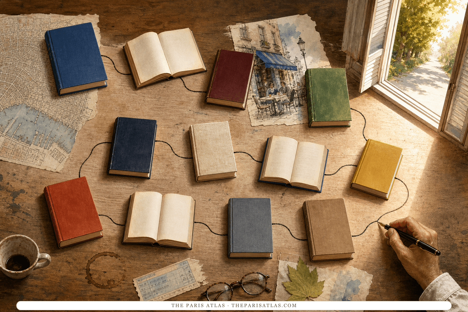 Mixed-media overhead illustration of twelve books connected by an ink line across a wooden table, from city maps and a Paris café sketch toward an open sunlit window.