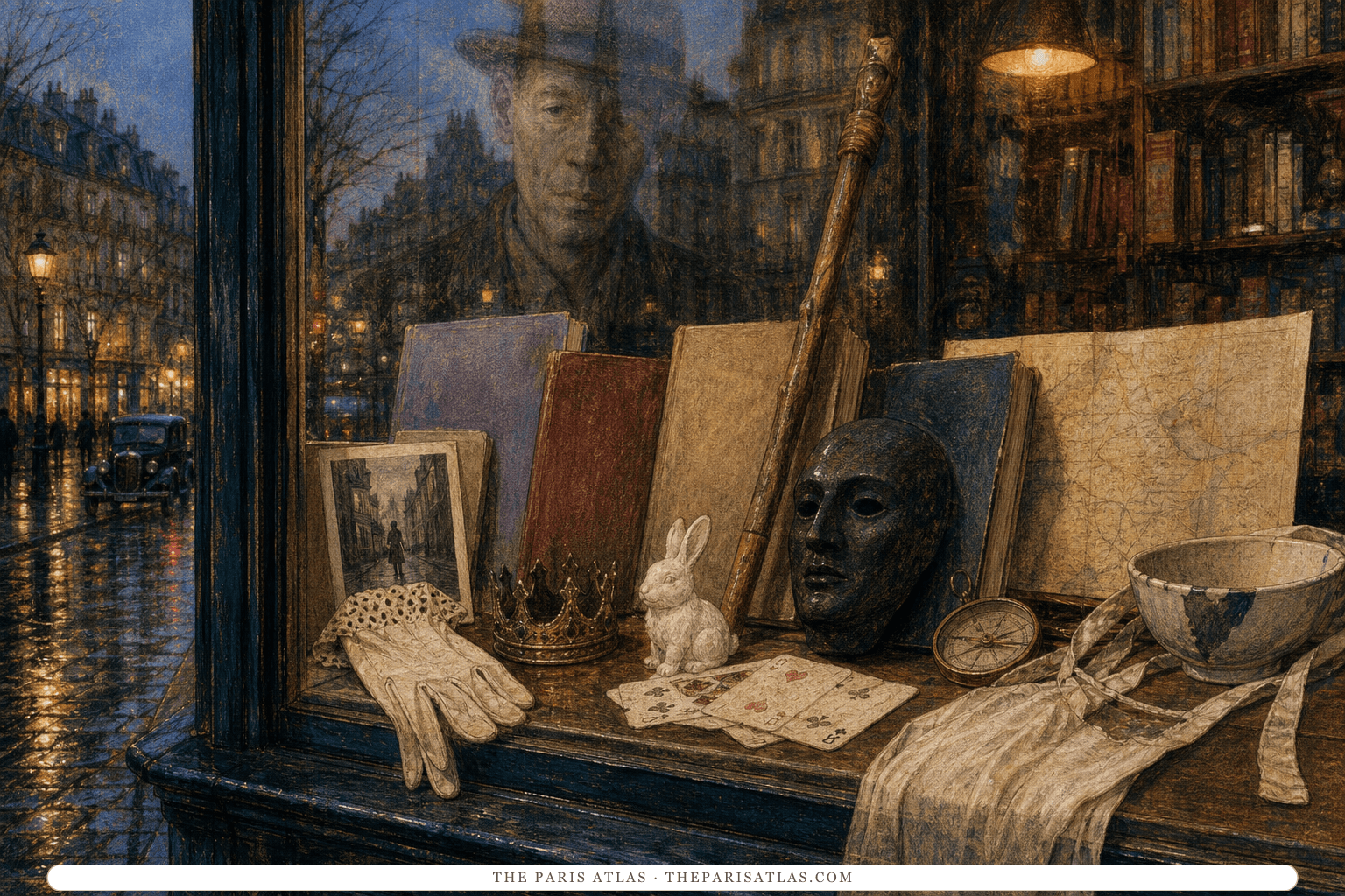 Pastel and ink illustration of a rainy Paris bookshop window filled with untitled books, a glove, crown, rabbit, cards, mask, map, compass, staff, and worn bowl.