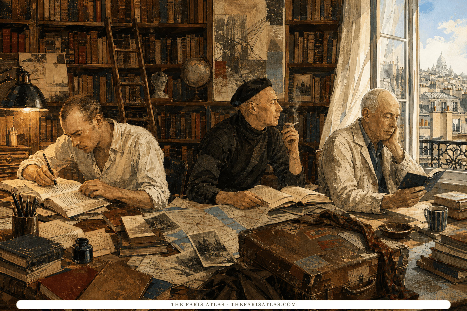 Mixed-media illustration of Henry Miller at three ages around one library table: an apprentice taking notes, a restless traveler reading among maps and a suitcase, and an older seeker beside an open Paris window.