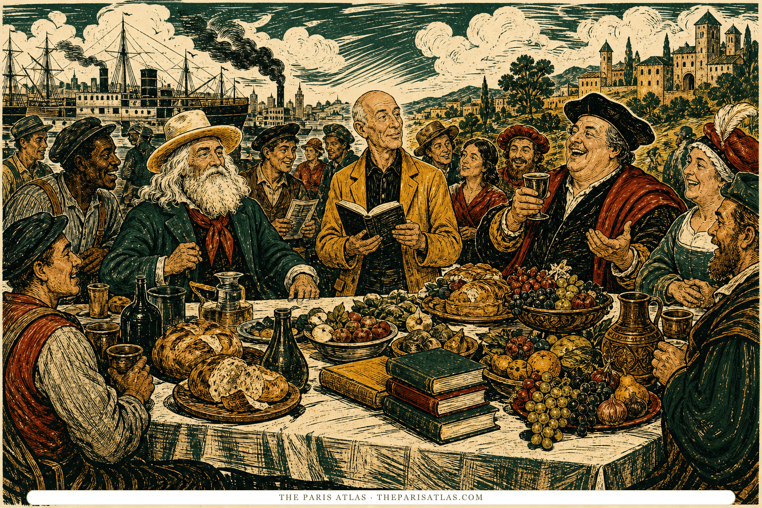 Linocut illustration of Walt Whitman, Henry Miller, François Rabelais, workers, and townspeople gathered around a table of books, bread, and fruit.