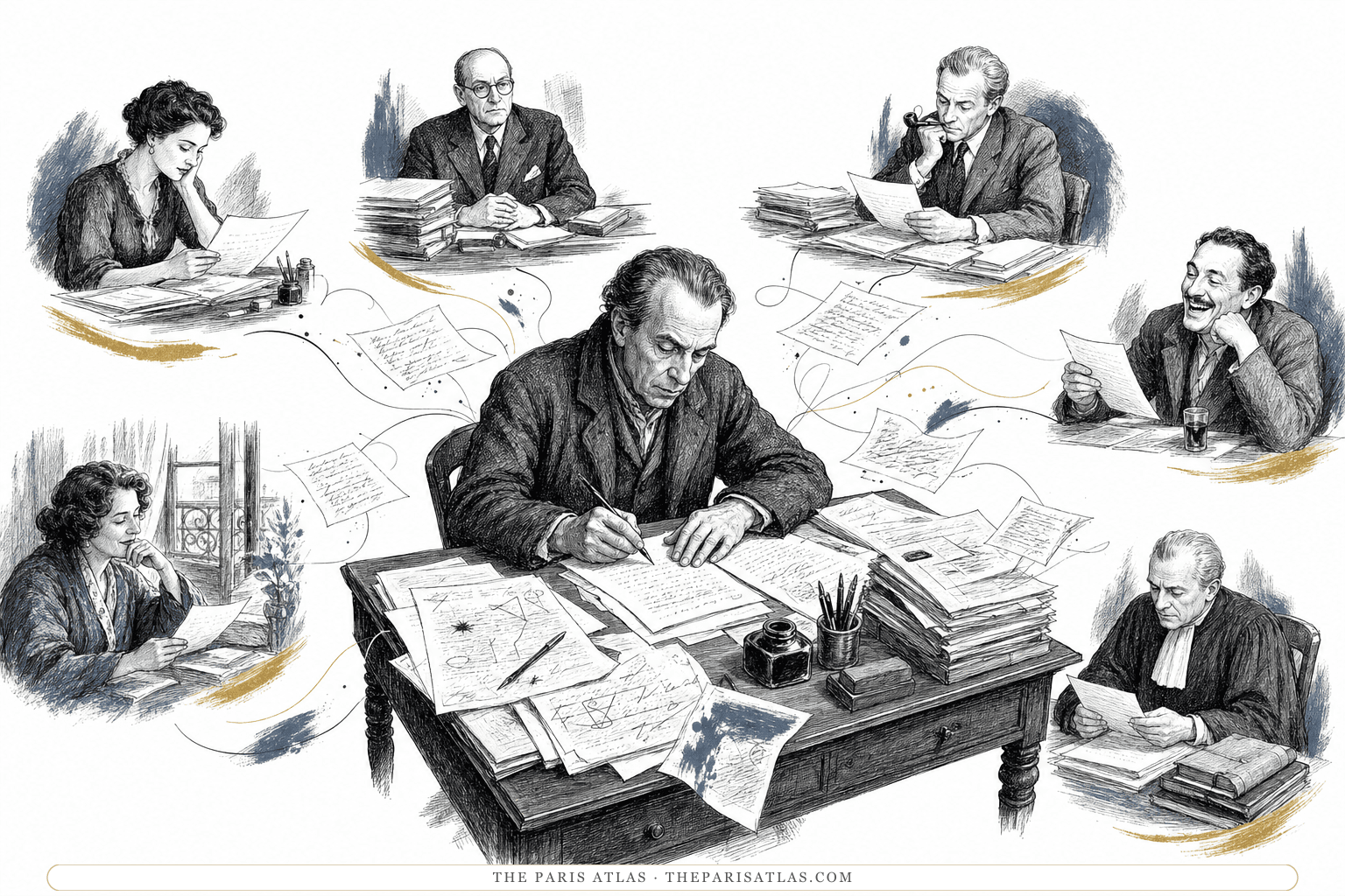 Engraved editorial illustration of Céline writing at a manuscript-covered desk while an intimate reader, translator, publisher, friend and lawyer receive his letters.