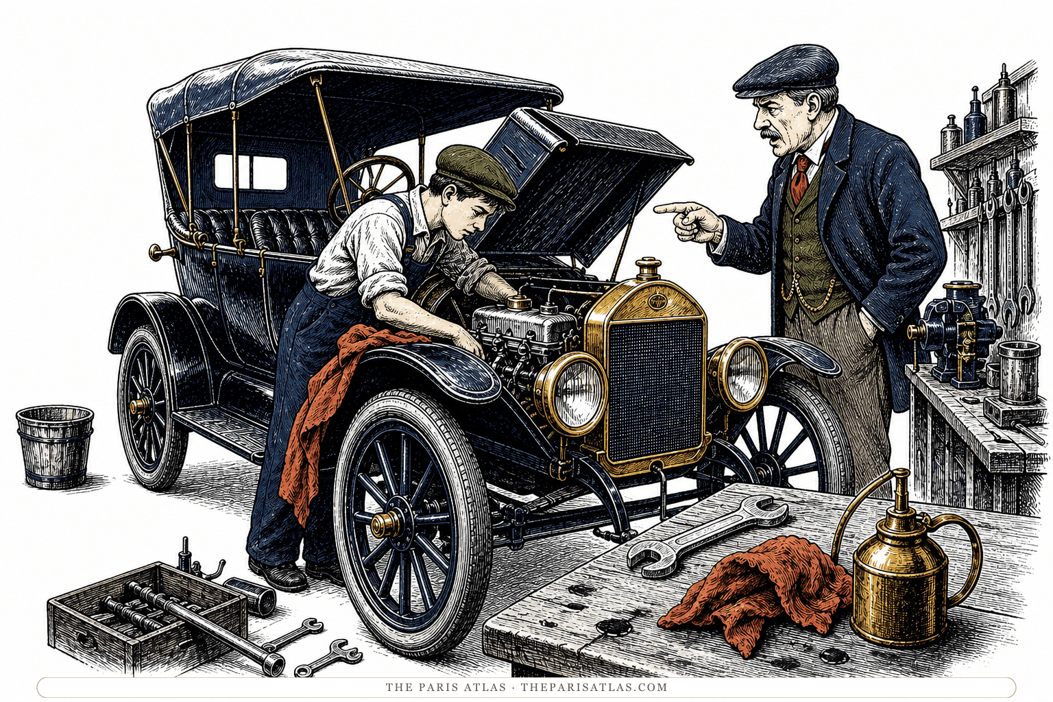 A young mechanic works beneath the hood of a 1920s automobile while an older garage owner gestures beside him.