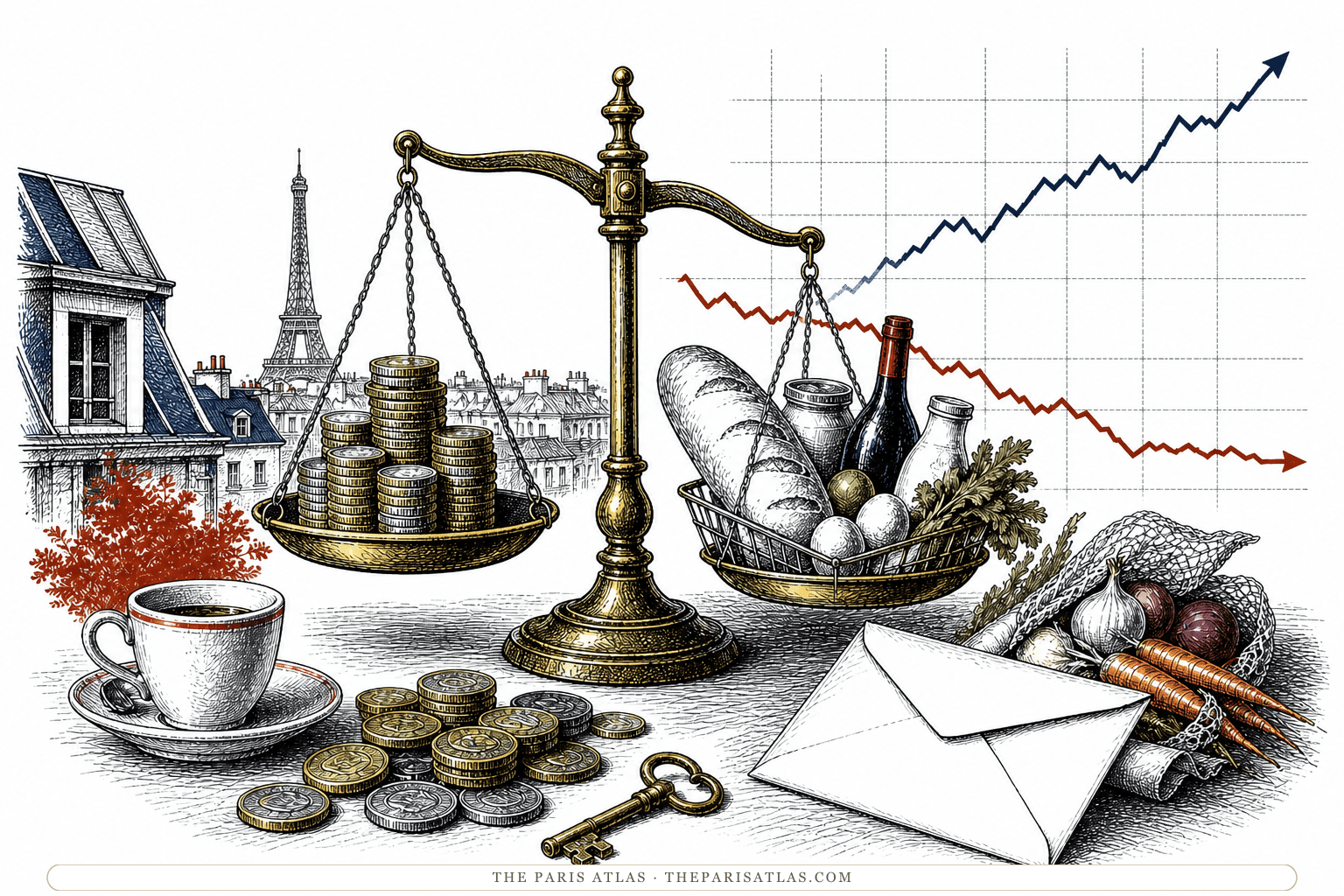 Coins, a garret key, café cup, rent envelope, and groceries surround an old balance scale.