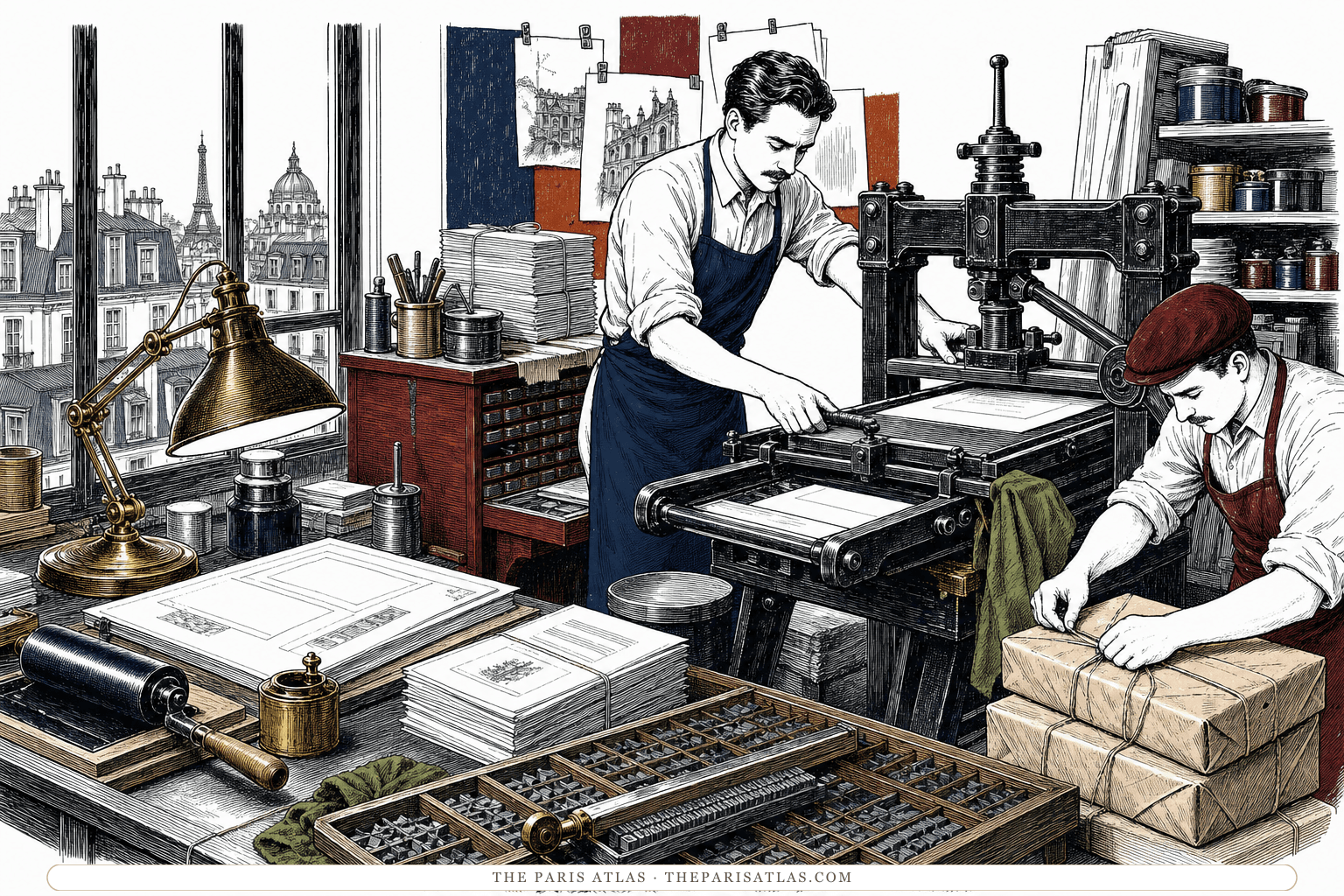 Two printers work among a hand press, metal type, pamphlet sheets, and parcels in a cramped independent print shop.