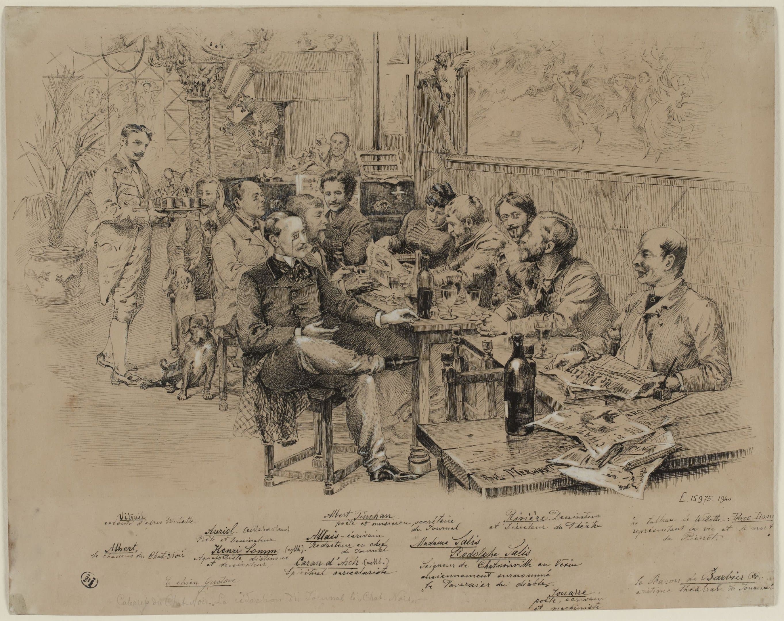 Paul Merwart drawing of Le Chat Noir's newspaper staff gathered around tables with bottles, papers and artwork